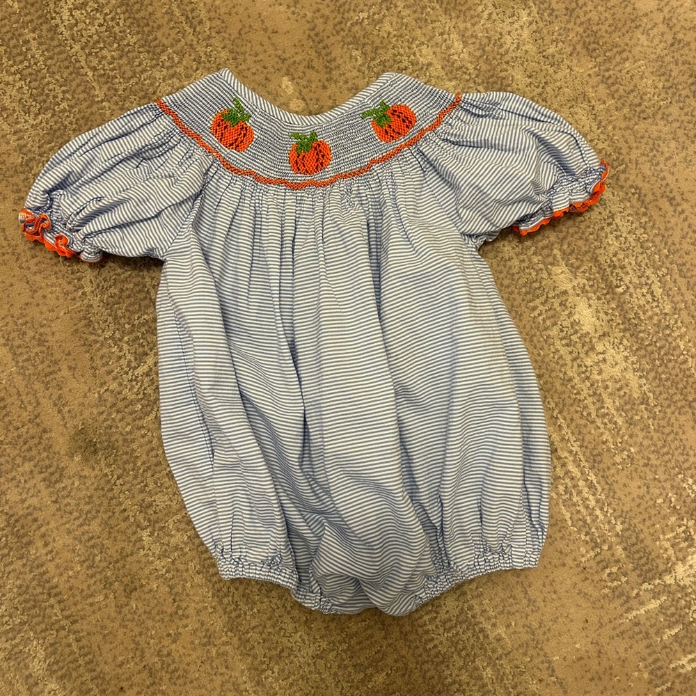 Blue Striped Pumpkin Smock Baby Romper Bubble